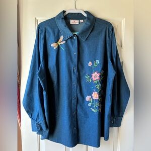Quaker Factory Cotton Blend Shirt Embroidered Blue Size 1X